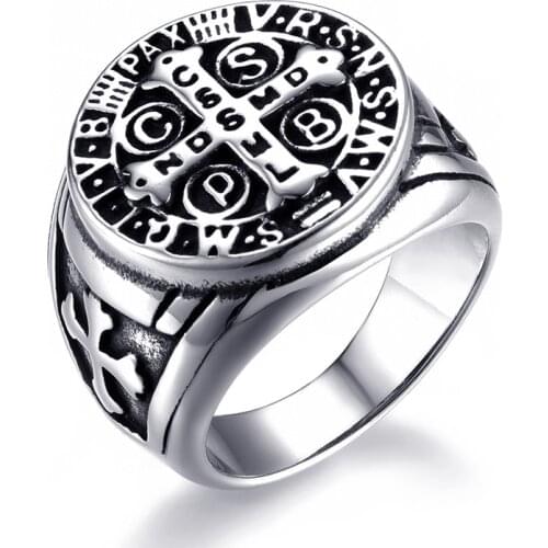 Retro Catholic Exorcism Saint Benedict Holy Ring for Men Boy Stainless Steel Cross God Rings Finger Male Jewelry Gift