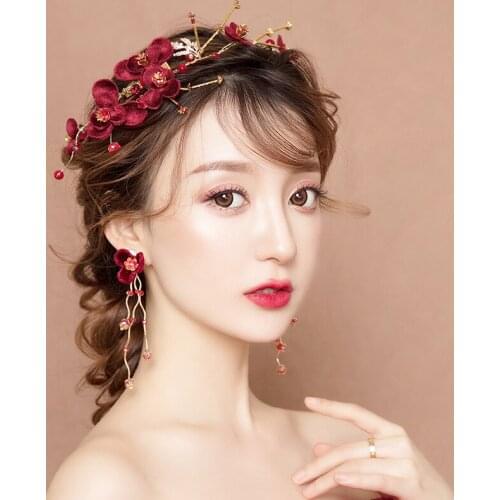 New wine red bride hairdress headbands toast dress flower headpins + Earring suit, atmosphere wedding dress hair accessories