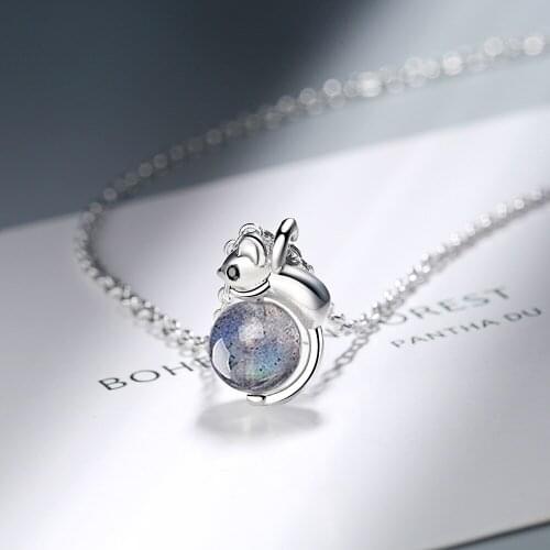 New Natural Blue Moonstone Cute Mouse Pendants Necklaces for Women Girl Party Gift Necklace Jewelry