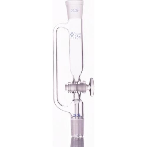 Separatory funnel constant pressure cylindrical shape,standard ground mouth.Capacity 25ml,Joint 24/29+24/29,Glass switch valve