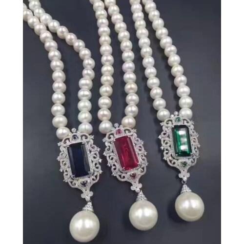 Freshwater pearl and shell near roud 8-9mm necklace amazing 35inch wholesale FPPJ red/green/blue pendant
