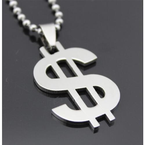 Dollars Symbol Charm Pendant Necklace Beads Long Statement Ball Chains Jewelry Stainless Steel For Women Men Chokers Accessories