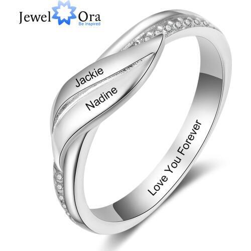 Personalized 2 Names Rings for Women Geometric Leaf Customized Engraved Ring with Zirconia Wedding Jewelry (JewelOra RI103992)