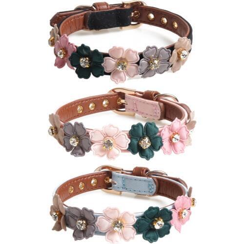 Adjustable PU Leather Cat Collar with Daisy Flowers and Bling Rhinestone Crystal for Kitten and Small Dogs 4 Colors
