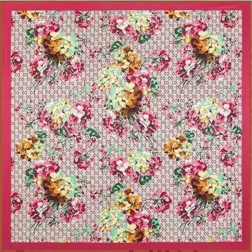 Silk Scarf Womens Fashion Pink Flower Pattern 130cm Square Twill Digital Print Silk Shawl Headdress Scarf
