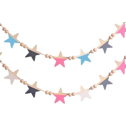 Scandinavian Wood Beads Star String Kids Room Decoration Wall Hanging Ornaments Nursery Decor Banners Photo Props Accessories