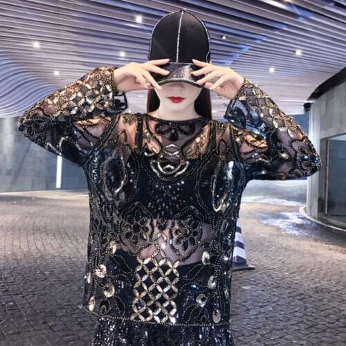 Spring And Autumn Womens Mesh Lace Long Sleeved Tops Night Club Sequins Beaded Sexy Round Neck Plus Size Loose T-shirt