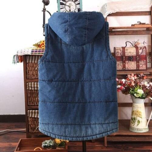 Womens Winter Warm Plus Size Hooded Denim Short Vest Ladys Casual Button Thick Waistcoats Female Free Shipping Single Breasted