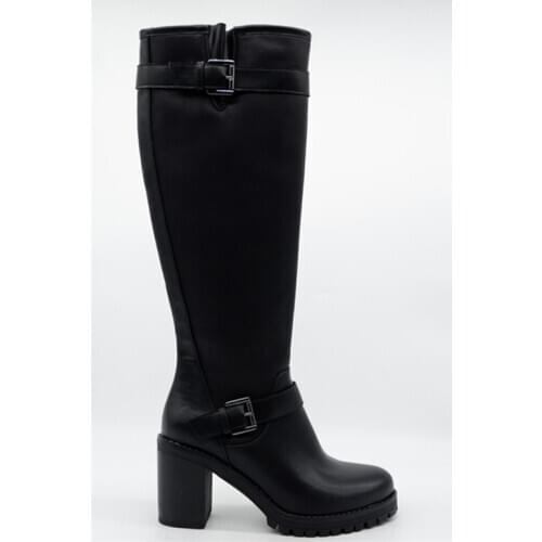 Women classic black leather metal buckles temperament bottom thick waterproof thick boots high heels long boots