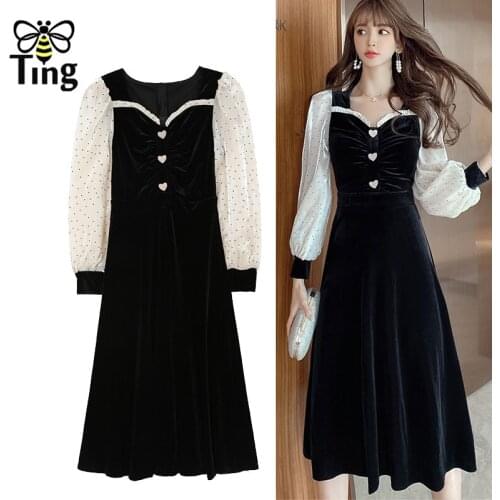 Tingfly Vintage Elegant Women Black Velvet Dress Spring Summer Heart Love Button A Line Casual Midi Long Dress Vestidos Zaful
