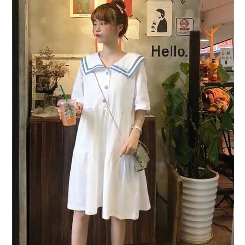 Short Sleeve Dress Women Sailor Collar Preppy-style Buttons Pleated 5 Colors Kawaii Harajuku Womens Girls Casual Summer Trendy
