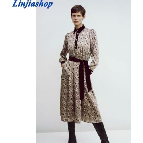2020 Za Women Print Long Sleeve Shirt Dress Elegant Combined Lapel Collar Belt Office Dresses Female Chic Vintage Midi Vestidos