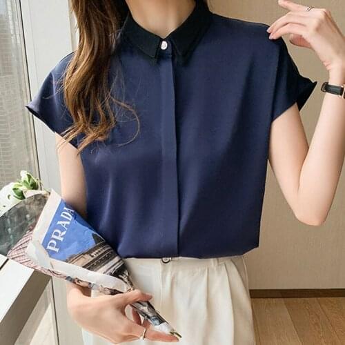 2021 Summer New Shirt Female Short Sleeve Satin Fashion Ladies Tops Simple Blusas White Dropshipping Blouse for Women Solid 0617