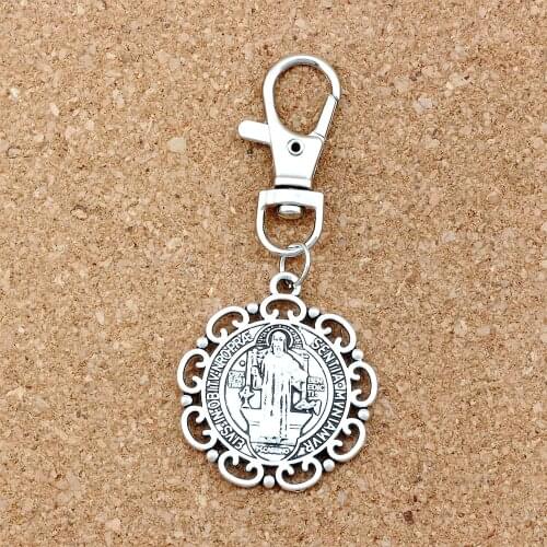 30Pcs Lots Zinc Alloy Exorcism Flower Saint Benedict Medal Catholic Cross Charms Bead With Lobster Clasp DIY Jewelry 33x75m