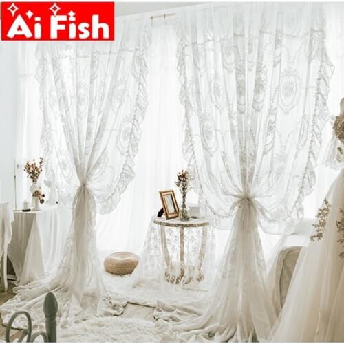 Korean White Lace Tulle For Grils Bedroom with Retro Lotus Leaf Princess Curtains Sheer Finished Weeding Decor Drapes M190#30