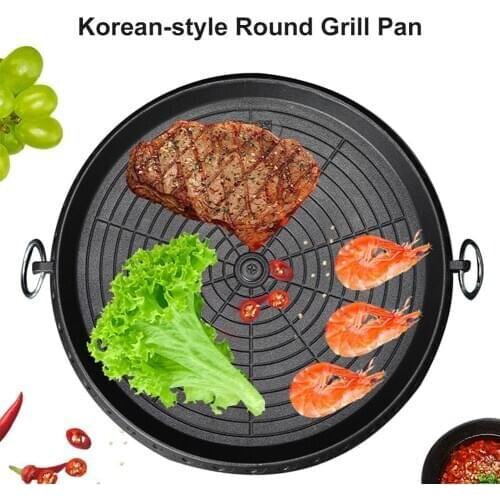 Korean-style Round Grill Pan with Maifan Stone Coated Surface Non-stick Smokeless Stovetop Plate for Indoor Outdoor BBQ
