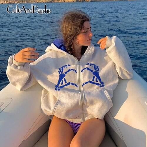 Vintage Cartoon Print Y2K Zip Up Jackets Loose Front Pockets Hooded Coats Autumn Long Sleeves Retro Chic Outfits Cuteandpsycho