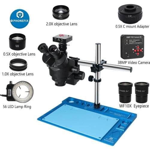 PCB Soldering Microscope 3.5X-90X Simul-focal Zoom Trinocular Stereo Microscope VGA HDMI Camera WF10X/20mm Eyepiece Aluminum Pad