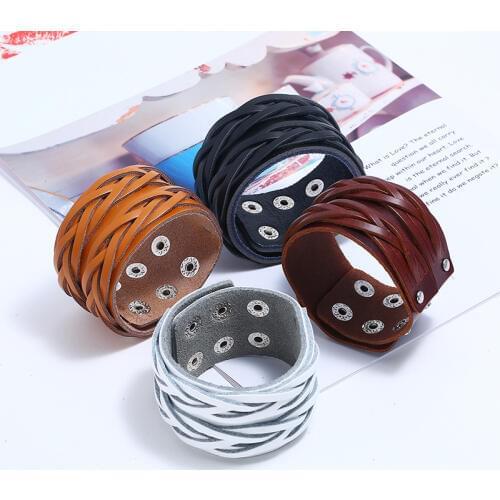 Fashion Wide Leather Bracelet for Men Brown White Black Wide Cuff Bracelets Bangle Wristband Vintage Punk Male Jewelry Gift