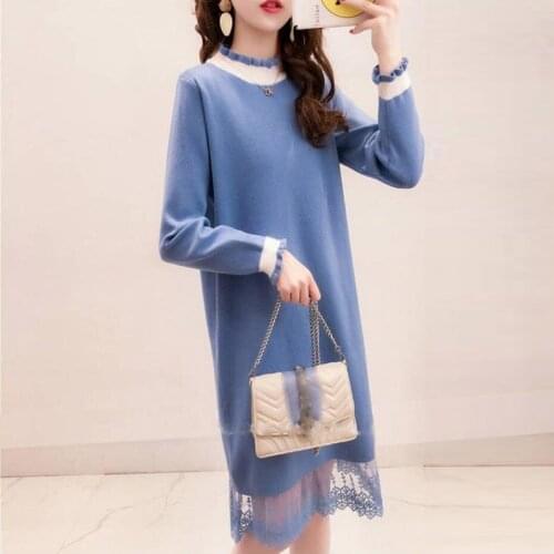 Autumn Winter Solid Knitted Cotton Sweater Dress Women Fashion Loose O-neck Lace Pullover Female Knitted Dress Vestidos Feminino