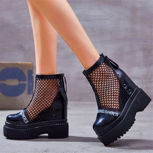 Punk Sandals Womens Leather Platform Wedge Ankle Boots High Heels Round Toe Party Pumps Creepers Punk Goth Shoes