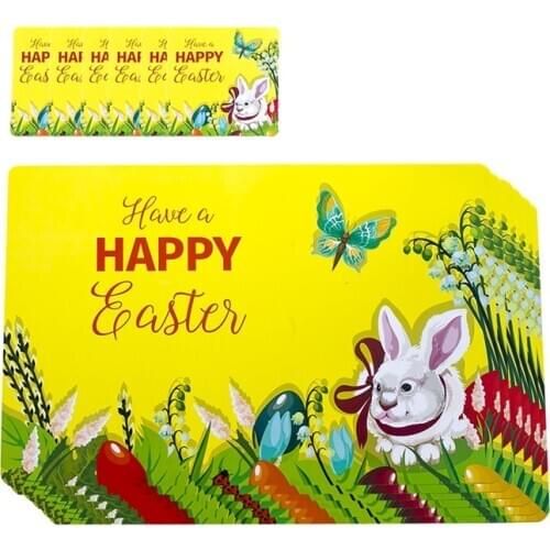 Easter Placemat with Coasters 12pcs PVC Painting Placemats Eggs Rabbit Kitchen Table Mat Home Decorations