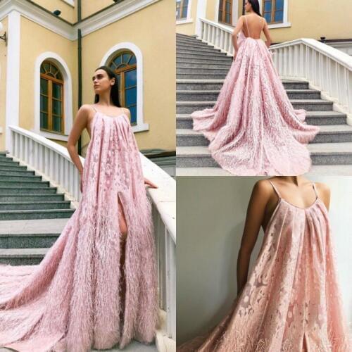 Attractive Prom Dresses Spaghetti Lace Appliques Feather Side Split A Line Evening Gowns Backless Sweep Train Guest Party Dress