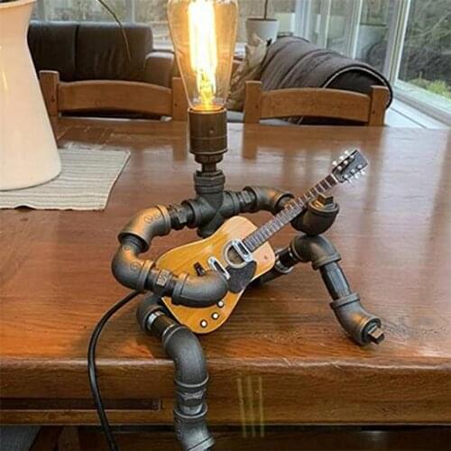 Iron Industrial Water Pipe Robot Lamps Playing Guitar Posture Desk Lamp Home Decoration Lights For Living Room Bedroom Office