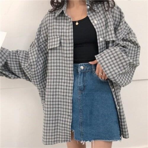 Oversized Checked Shirt Women Retro Port Flavor Spring Autumn Vintage Korean Style Tops Loose Students Wear Sun Shirt Streetwear