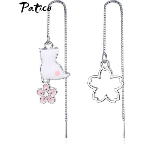 Fashion Long Chain Ear Line Pendientes 925 Sterling Silver Zircon Rhinestone Cat Flower Earrings for Women Girls Korean Jewelry