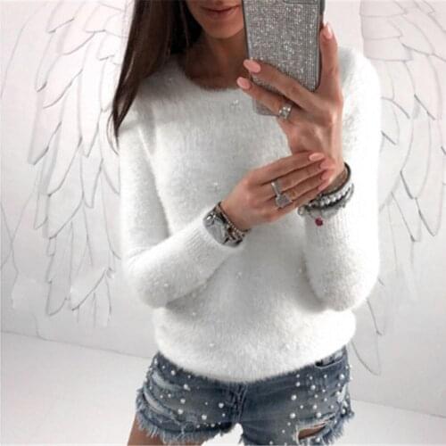 Autumn Winter Sweater Women Fashion Faux Pearl Beading Solid Color Sweaters Plush Long Sleeve Pullover Warm Sweater pull femme