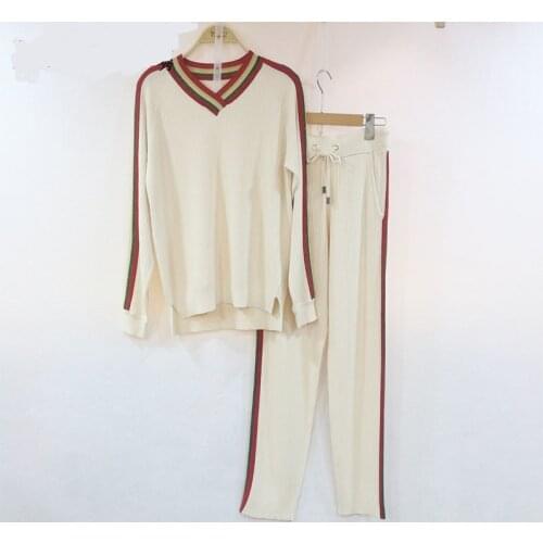 Fashion brand striped sticthing bling bling Knit two pieces Suits Female Sweater + long Trousers Leisure Two-pieces sets F2173