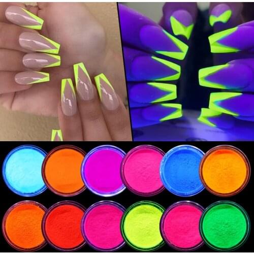12 Boxes/Set Lasting Neon Phosphor UV Reactive Fluorenscence Sugar Nail Powder Pigment Dust Glitters Powder Decorations