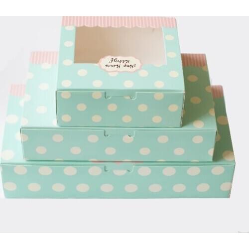 5pcs Kraft Paper cake box with clear pvc window,blue Cookies Biscuit cupcake box,white dots gift packaging box for Snack sweets