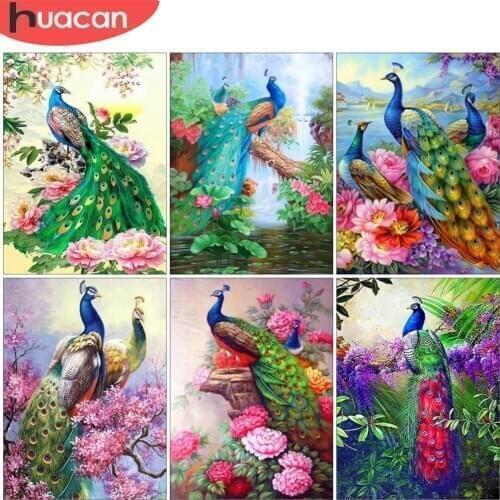HUACAN Full Drill 5D Diamond Painting Animal Peacock Diamond Embroidery Peony Mosaic Wall Decoration Handmade Gift