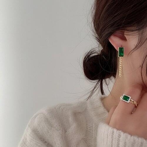 AOMU New Korean Luxury Rectangle Green Zircon Long Metal Chain Tassel Drop Earrings for Female Simple Temperament Jewelry Gifts