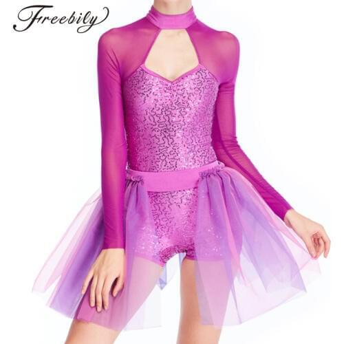 Girls Long Sleeves Shiny Sequins Cutout Back Ballet Dance Leotard Dress Kids Lyrical Contemporary Dance Dress Gymnastics Leotard