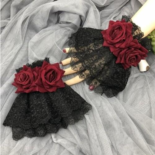 Gothic Black Lolita Lace Rose Bow Cuffs Victorian Style Wrist Cuff with Tulle Cuffs Hand Wear Gloves B1801