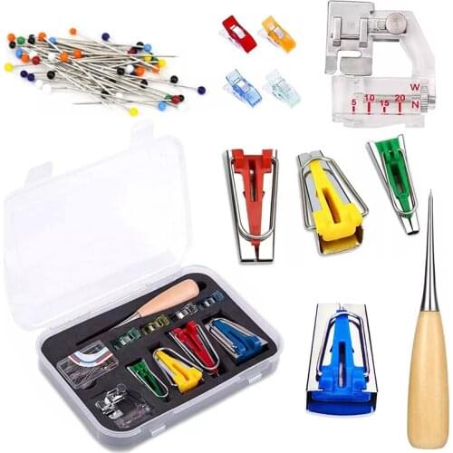 Imzay 63PCS Fabric Bias Tape Makers Kit With Bead Needles,Adjustable Binder Clip,Wooden Awl,Foot Press Practical Bias Tape Maker