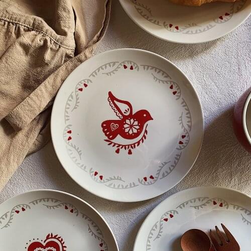 Ceramic dessert plate Thorns and Red Bird Ceramic Dinner Plate cute cake dish