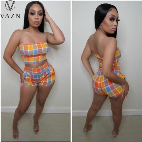 VAZN 2021 INS Classic Plaid Sexy Energy Young Joker Strapless Sleeveless Top Short Pants Free Slim Women 2 Piece Set