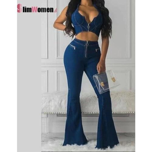 Women Summer Jeans Pants Set Tracksuit Female Jeans Zipper Corset Top Trouser Suit Sleeveless Denim Tank Top Flare Wide Leg Pant