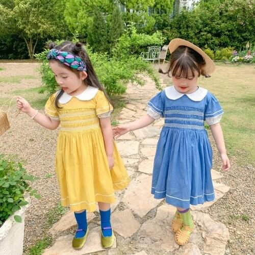 Summer New Arrival girls palace style dress with lace lapel Retro handmade princess dress for cute sweet baby girls