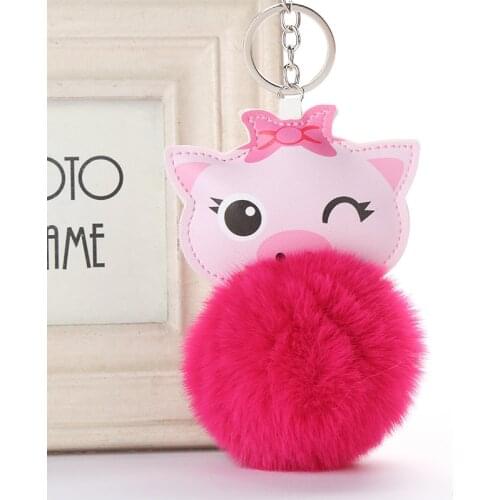 Cute Chaveiro Pompom Keychain Pig Key Chain Fluffy Fake Rabbit Fur Ball Women Car Bag Pompom Key Ring Accessories S091