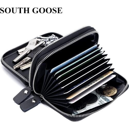 SOUTH GOOSE Genuine Cow Leather Unisex Multifunctional Card Wallet RFID Credit Card Holder Double Zipper Organizer Bag Key Case