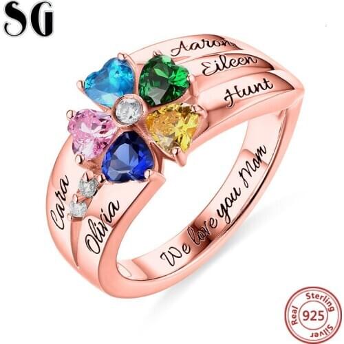 Genuine 100% 925 Sterling Silver Personalized Customization Engraved 5 Heart-shaped Birthstones Ring Stelring Silver Jewelry