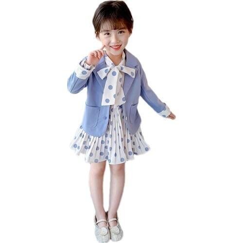 Girl spring new dress suit suit Girl long sleeve polka dot dress coat set Girl fashion sweet two piece set Dress suit