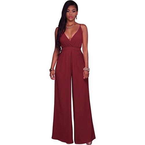OKAYOASIS Free Shipping Women Spaghetti Strap Jumpsuit V Neck Sexy Office Lady Casual Party Wide leg Long Rompers Full Overalls