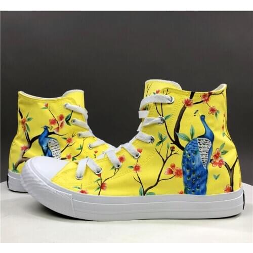 Wen Original Hand Painted Design Shoes Chinoiserie Style Blue Peacock Exquisite Plum Blossom Canvas High Top Sneakers Unisex