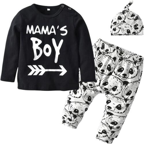 Autumn Infant Baby Boys Clothing Newborn Sets Letters Print Long Sleeve T-shirt Pandas Pants + Warmer Cap Toddler Babys Set 3PCS
